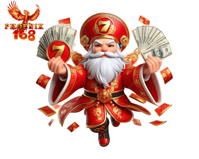 การ์ตูนเทพเจ้าแห่งโชคลาภสวมชุดสีแดง ถือพัดและซองอั่งเปา พร้อมเหรียญทอง